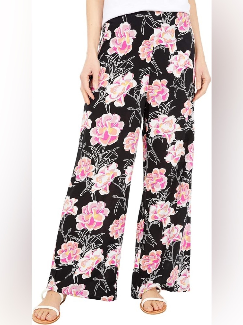 Roxy Black And Pink Floral Boho Flowy Beach Pants With Elastic Waist Size Medium